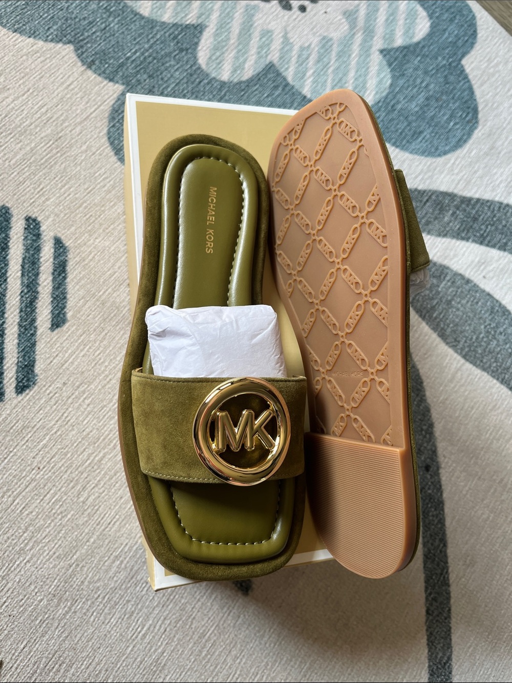 Michael Kors Olive Green Suede MK Logo Slide Sandals with Gold Hardware